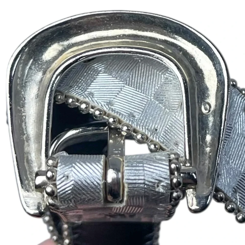 VTG Elite USA Silver Metallic Checkered Belt Disco Y2K Geometric‎ Sz Small Punk
